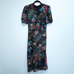 Maia Black Floral and Leaf Print Ruffle High Neck Midi Dress Size‎ 8